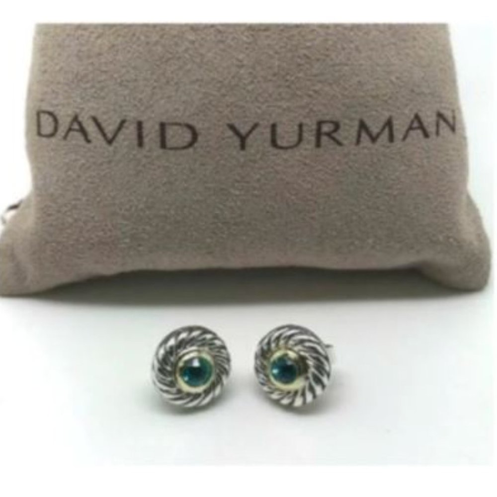 AUTHENTIC David Yurman Green Stone Cable Stud Earrings 14K Yellow